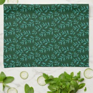 Dark Green Background with Teal Botanical Leaves Kitchen Towel
