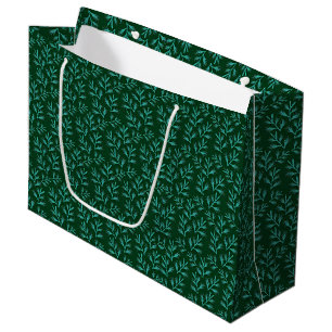 Dark Green Background with Teal Botanical Leaves Large Gift Bag
