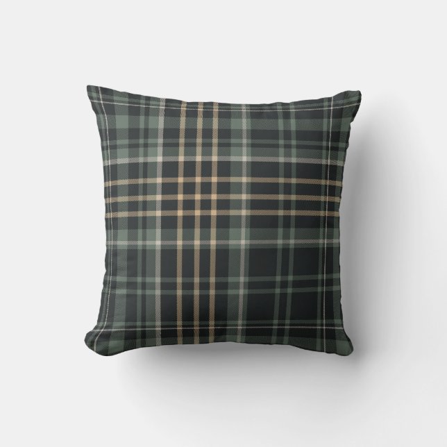 Dark Green Beige Plaid Throw Pillow (Front)