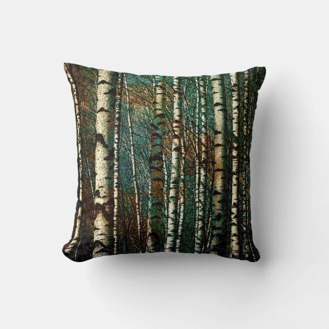 Dark Green Birch Woods Throw Pillow (Front)