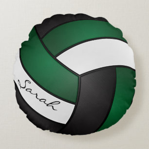 Dark Green, Black and White Volleyball DIY Name Round Pillow