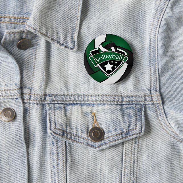 Dark Green, Black and White Volleyball Pinback Button (In Situ)