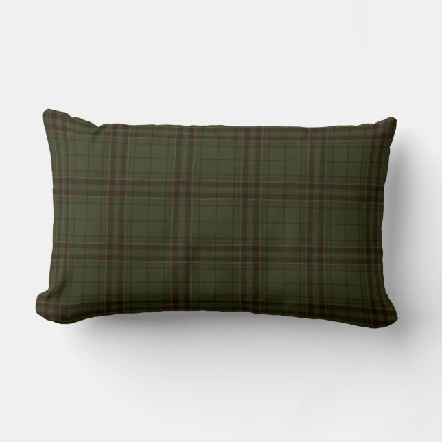 Dark Green Black Brown Scottish Tartan Plaid Lumbar Pillow (Front)