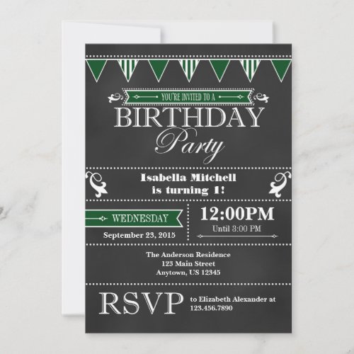Dark Green Black Chalkboard Birthday Invitation