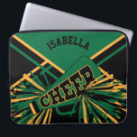 Dark Green, Black & Gold Cheerleader Design Laptop Sleeve<br><div class="desc">🥇AN ORIGINAL COPYRIGHT ART DESIGN by Donna Siegrist ONLY AVAILABLE ON ZAZZLE! Dark green, black & gold Cheerleader Design laptop computer sleeve. Need another color(s), please contact. ✔NOTE: ONLY CHANGE THE TEMPLATE AREAS NEEDED! 😀 If needed, you can remove the text and start fresh adding whatever text and font you...</div>