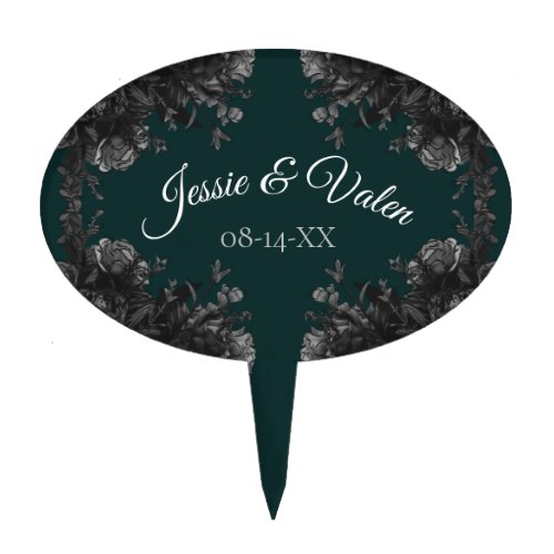 Dark Green Black Grey Roses Gothic Wedding Cake Topper
