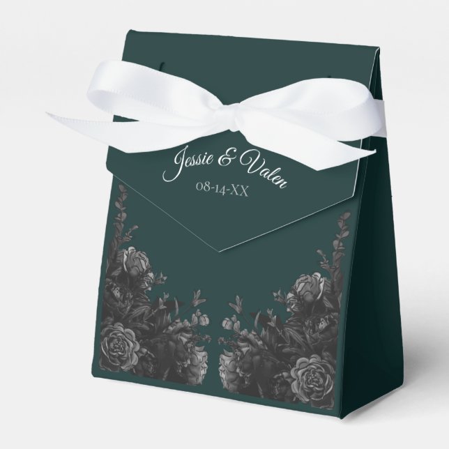 Dark Green Black Grey Roses Gothic Wedding Favor Boxes (Front Side)