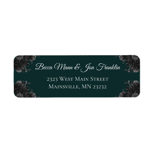 Dark Green Black Grey Roses Gothic Wedding Label (Front)