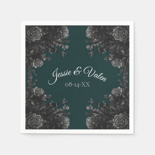 Dark Green Black Grey Roses Gothic Wedding Napkins