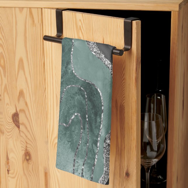 Dark Green Black Marble Agate Silver Glam #1  Kitchen Towel (Thirds Fold)