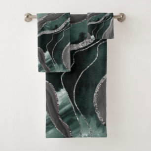 Dark Green Black Marble Agate Silver Glitter Glam Bath Towel Set