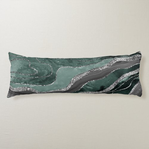 Dark Green Black Marble Agate Silver Glitter Glam  Body Pillow