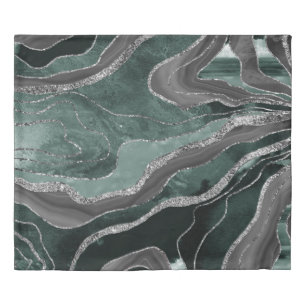 Dark Green Black Marble Agate Silver Glitter Glam Duvet Cover