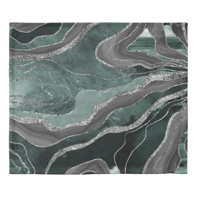 Dark Green Black Marble Agate Silver Glitter Glam  Duvet Cover (Front)