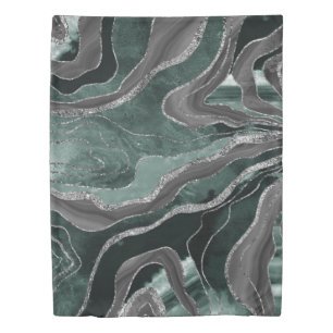 Dark Green Black Marble Agate Silver Glitter Glam  Duvet Cover
