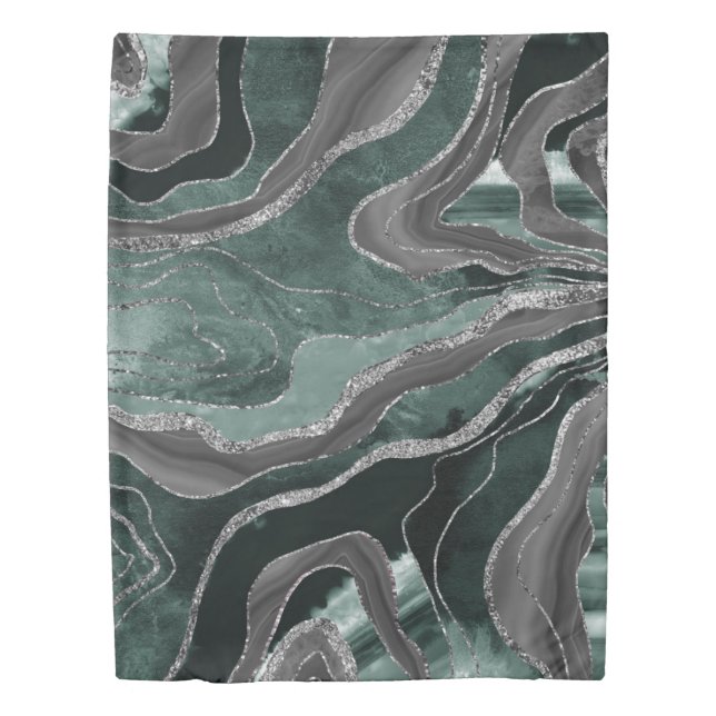 Dark Green Black Marble Agate Silver Glitter Glam  Duvet Cover (Front)