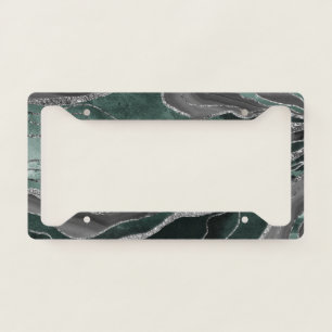 Dark Green Black Marble Agate Silver Glitter Glam  License Plate Frame