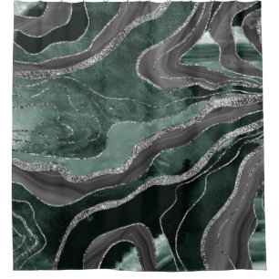 Dark Green Black Marble Agate Silver Glitter Glam Shower Curtain