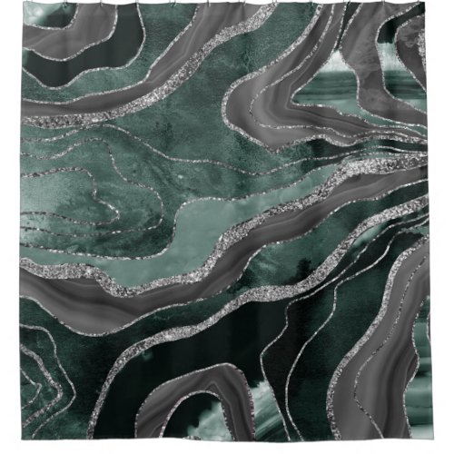 Dark Green Black Marble Agate Silver Glitter Glam  Shower Curtain