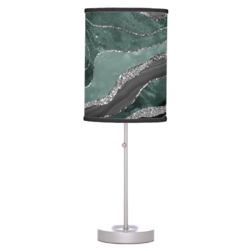 Dark Green Black Marble Agate Silver Glitter Glam  Table Lamp