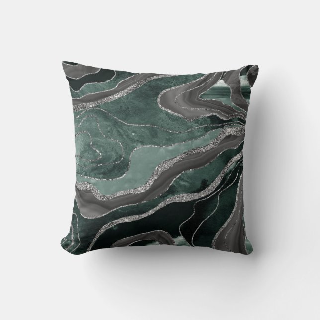Dark Green Black Marble Agate Silver Glitter Glam  Throw Pillow (Front)