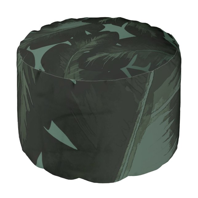 Dark Green & Black Tropical Palm Leaves Pouf (Angled Front)