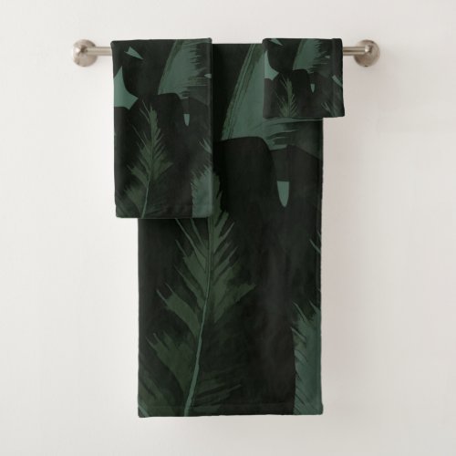 Dark Green  Black Tropical Palm Leaves Tropics Bath Towel Set