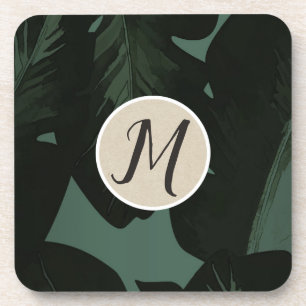 Dark Green & Black Tropical Palm Leaves Tropics Beverage Coaster