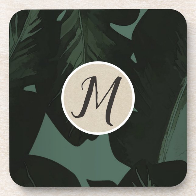Dark Green & Black Tropical Palm Leaves Tropics Beverage Coaster (Front)