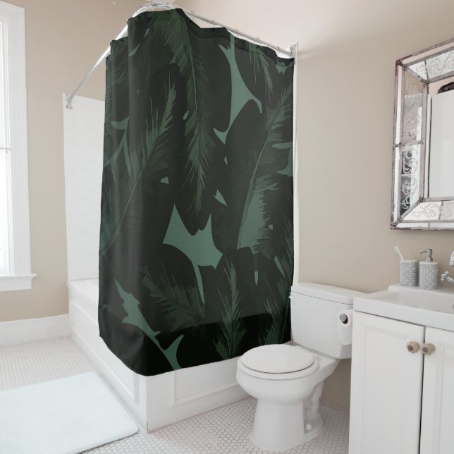 Dark Green & Black Tropical Palm Leaves Tropics Shower Curtain (In Situ)