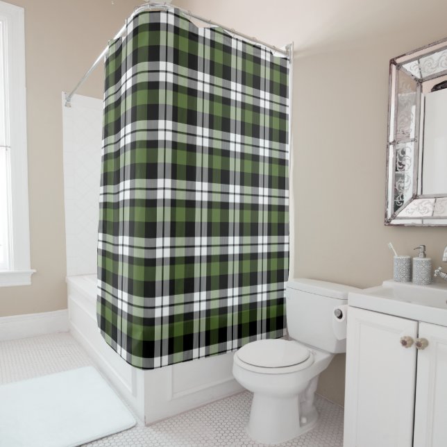 Dark Green Black White Buffalo Check Plaid Pattern Shower Curtain (In Situ)
