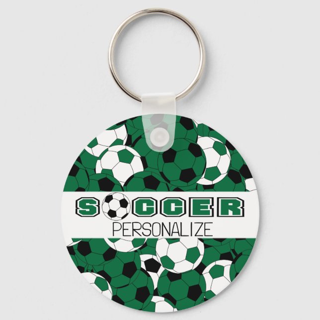 Dark Green, Black & White Soccer Ball Sport Keychain (Front)