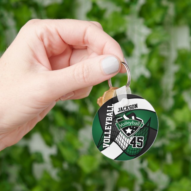Dark Green, Black & White Volleyball Design Keychain (Hand)