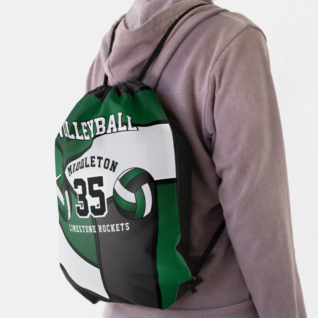 Dark Green, Black & White Volleyball Sport  Drawst Drawstring Bag (Insitu)