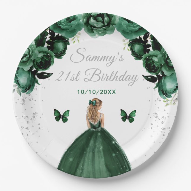 Dark Green Blonde Hair Princess Birthday Party Paper Plates (Front)