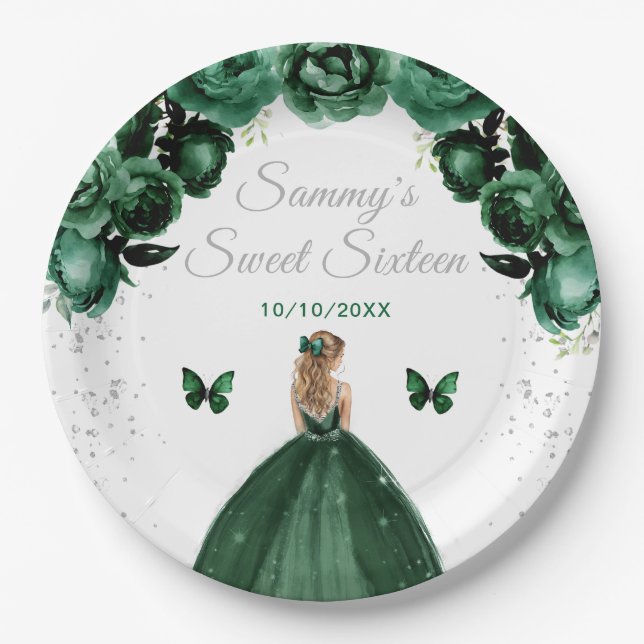 Dark Green Blonde Hair Princess Sweet Sixteen Paper Plates (Front)