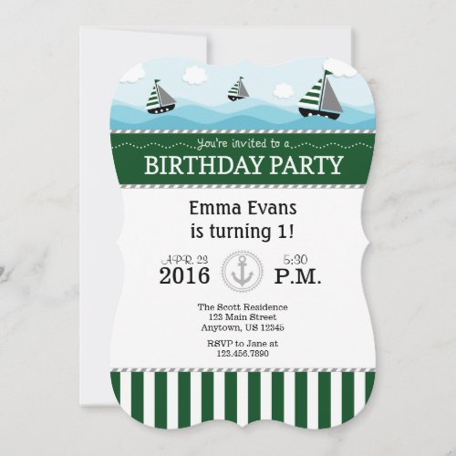 Dark Green Blue Nautical Birthday Invitation