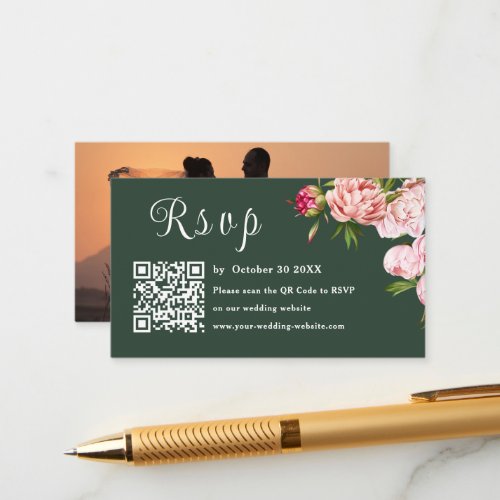 Dark Green Blush Pink Photo Rsvp Qr Code Wedding Enclosure Card