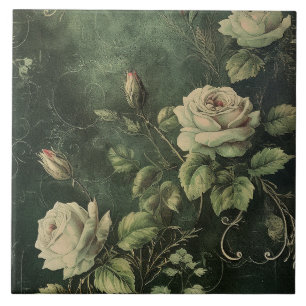 Dark Green Blush Rose Ceramic Tile