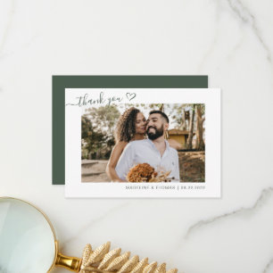 Dark Green Boho Simple Photo Heart Script Wedding Thank You Card