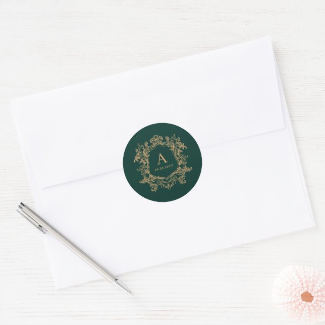 Dark Green Botanical Crest Custom Monogram Initial Classic Round Sticker (Envelope)