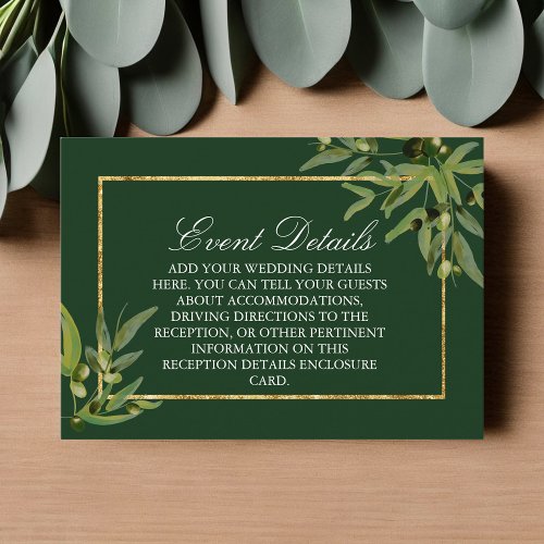 Dark Green Botanical Gold Wedding Event Details Enclosure Card