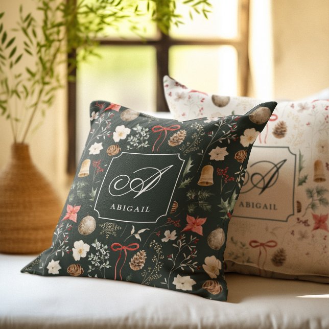Dark Green Botanical Personalized Monogram Throw Pillow (Creator Uploaded)