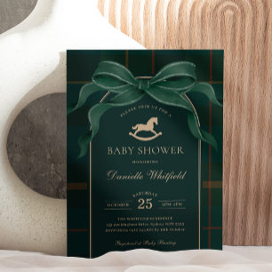 Dark Green Bow Equestrian Plaid Polo Baby Shower Invitation