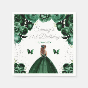 Dark Green Brown Hair Princess Birthday Party Napkins