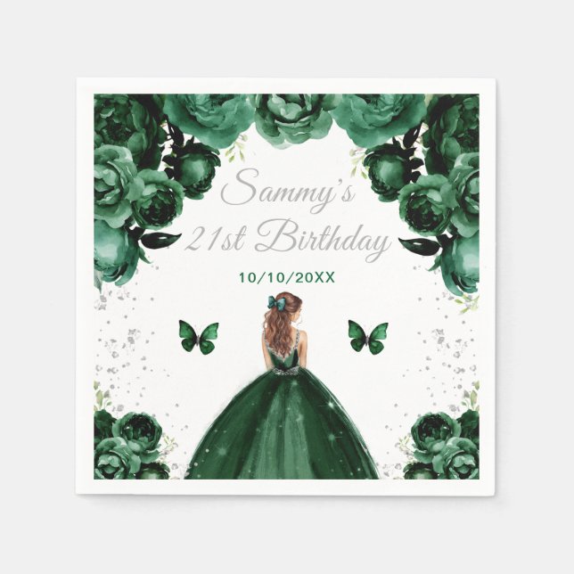 Dark Green Brown Hair Princess Birthday Party Napkins (Front)