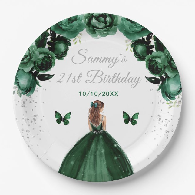 Dark Green Brown Hair Princess Birthday Party Paper Plates (Front)