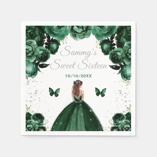 Dark Green Brown Hair Princess Sweet Sixteen Napkins (Front)