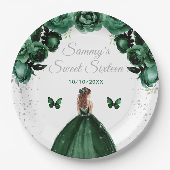 Dark Green Brown Hair Princess Sweet Sixteen Paper Plates (Front)