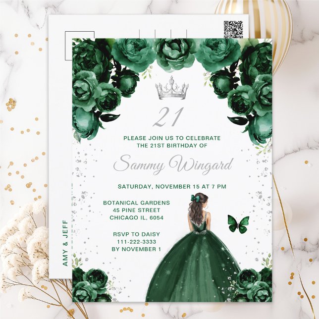 Dark Green Brunette Hair Princess Birthday Party Postcard (Creator Uploaded)